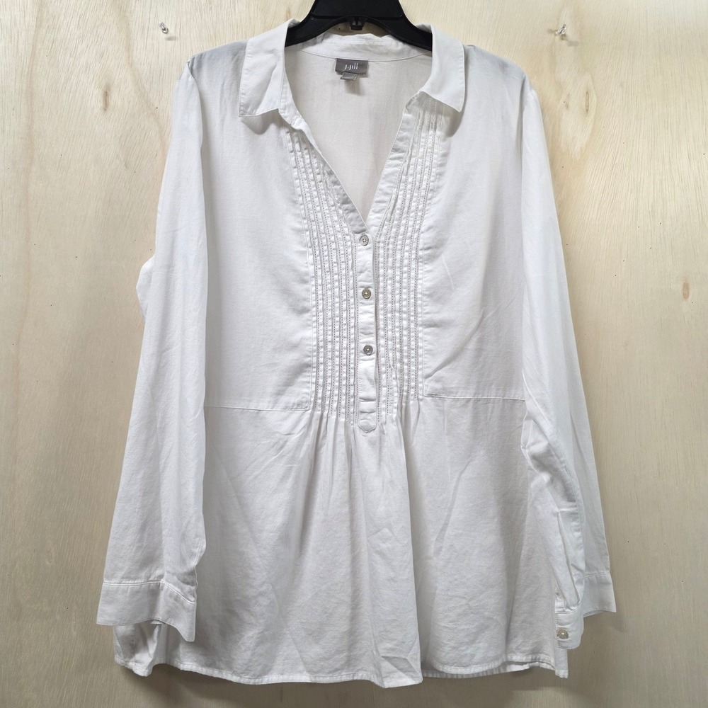 J. Jill White 100% Cotton Pintuck V-Neck Long Sleeve Tunic Top Womens Large